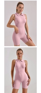 Pink athletic yoga romper detail featuring polo collar and zipper front design
