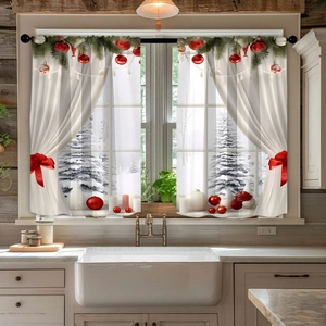 Detail of Christmas theme kitchen curtain with snow forest print and pine branch decor