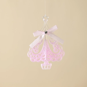 Pink glitter Christmas tree hanging ornament with acrylic finish and silk bow decoration