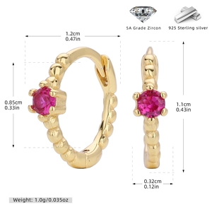 Detailed size specifications for gold S925 sterling silver hoop earrings with pink zircon