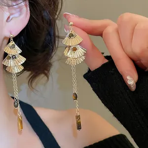 Retro Layered Ginkgo Leaf Tassel Dangle Earrings With Tiger Eye Stone And Silver Earring Post Vintage Elegant For Women