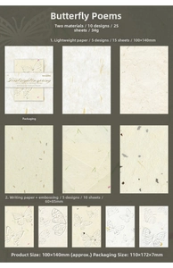 Detail view of butterfly themed craft paper set with embossed texture and writing sheets