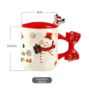 Detail view of 450ml Christmas ceramic mug with bow handle and reindeer spoon dimensions