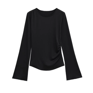 Detail of elegant black long-sleeve T-shirt featuring stylish side ruched design and crew neck
