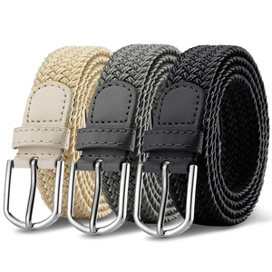 Braided elastic stretch belts in beige, grey, and black with silver metal pin buckles