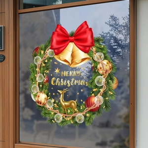 Christmas Wreath Window Sticker Static Cling PVC Double Sided Merry Christmas Garland Bell Reusable Glass Door Decal Decor