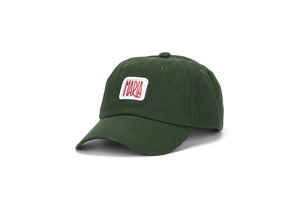 Detail of green cotton baseball cap with white Maria patch and red embroidery