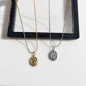 Vintage Stainless Steel Mermaid Relief Pendant Necklace For Women Gold Silver Plated Embossed Coin Snake Chain Jewelry