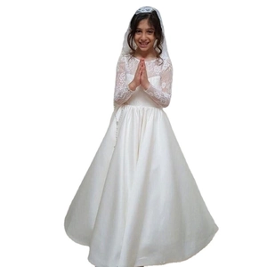White long sleeve lace and satin flower girl dress with matching bridal veil for kids