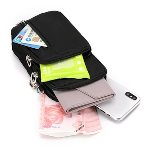 Three-layer black nylon crossbody phone bag for women with heart-shaped zipper and card slots