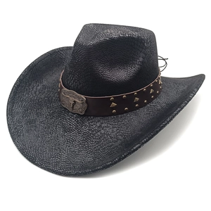 Black western cowboy hat with snake skin texture and bronze bull head metal buckle decoration