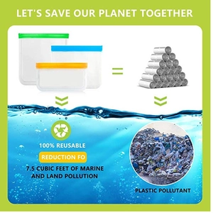 Three-piece reusable PEVA food storage bags shown against an eco-friendly marine background