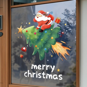 Christmas Window Stickers Static Cling PVC Double Sided Color Santa Rocket Tree Glass Decals Holiday Shop Decoration