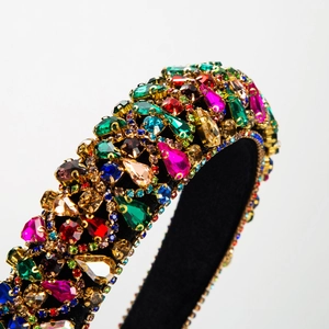 Baroque wide headband with multicolored rhinestones and crystals on black velvet