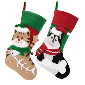 Christmas stockings set with cute cartoon cat and dog designs in festive red and green colors