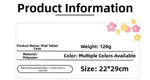 Detailed size chart for polyester iPad sleeve with 22x29cm dimensions and 120g weight