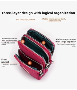 Three-layer zippered rose red crossbody phone bag showing internal storage capacity