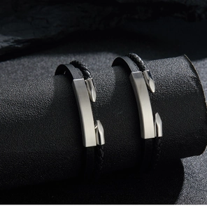 Detailed view of multilayer leather bracelets with magnetic steel clasp on display