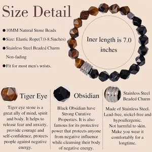 Bracelet pour homme en œil de tigre et obsidienne 10mm avec acier inoxydable extensible