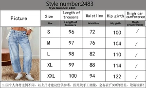 Size chart showing waist and hip measurements for high waist wide leg denim jeans