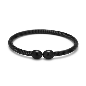 Black twisted cable magnetic therapy open bangle with spherical ends in stainless steel