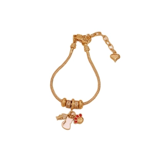 Golden bracelet with colorful cat, fishbone and paw print pendants on white background