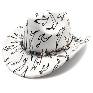 Detail of printed western cowboy hat featuring wooden beads and turquoise accessories