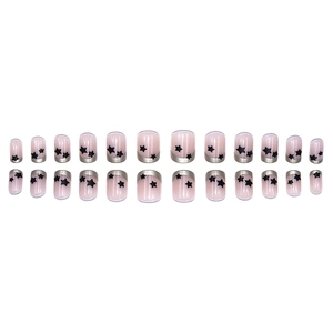 24pcs French style press-on nails with silver tips and black stars on pink base