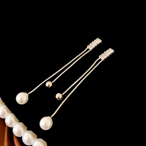 Long Tassel Drop Earrings With Silver Earring Post Copper Zircon Imitation Artificial Pearl Elegant Minimalist Jewelry For Women