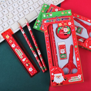 5-piece red Christmas stationery set for kids featuring Santa Claus and elk patterns