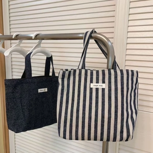 Retro Polka Dot Striped Denim Canvas Small Tote Bag Minimalist Daily Handbag Women Shopping Lunch Bag Portable