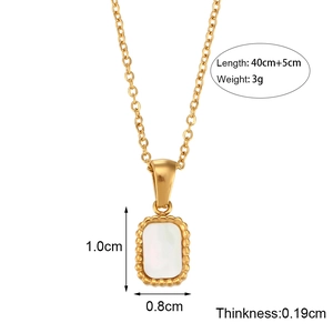 Detail view of gold rectangle pendant necklace with size parameters and dimensions info