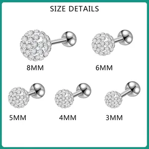 Stainless Steel Rhinestone Ball Piercing Studs Barbell Ear Cartilage Lip Ring Jewelry For Women Girls Simple Shiny