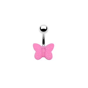 Detailed close-up of a silver belly ring featuring a cute pink resin butterfly charm