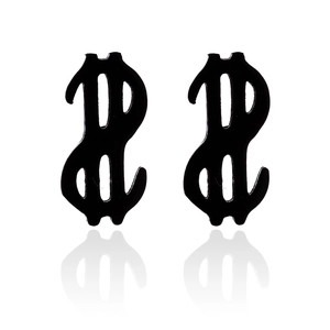 Macro detail of matte black stainless steel dollar sign earrings with mirror reflection
