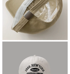 Detail of adjustable metal buckle and 1989 New York embroidery on a cotton baseball cap