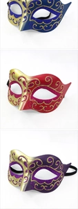 Detailed close-up of Venetian masks with glitter scrollwork in blue, red, and purple