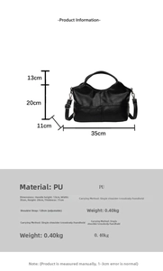 Detailed size chart for black PU leather handbag with dimensions and strap length
