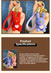 Close-up of resin rabbit keychain with knitted texture and pink heart detail