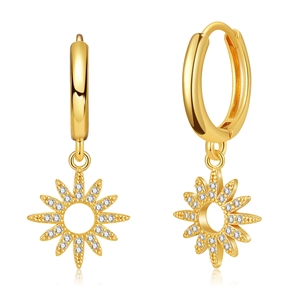 Detailed view of 18K gold plated sunburst hoop earrings with sparkling zircon stones