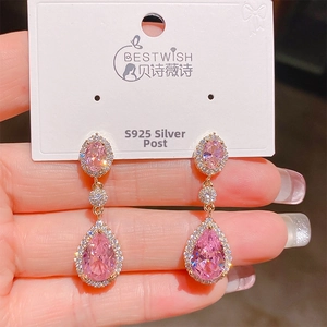 French vintage pink drop earrings with S925 silver needle and gold plating