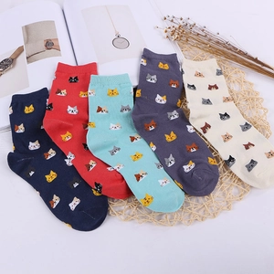 Flat lay of five pairs of colorful women's cotton socks with cute cat patterns