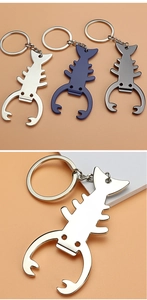 Detailed view of lobster-shaped metal bottle opener keychains in various colors