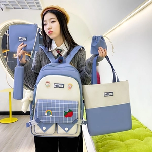 Blue and white 5-piece campus backpack set with shoulder bags and bear pendant decor