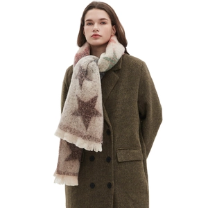 Beige gradient star scarf with fringe, autumn winter boucle jacquard star pattern scarf