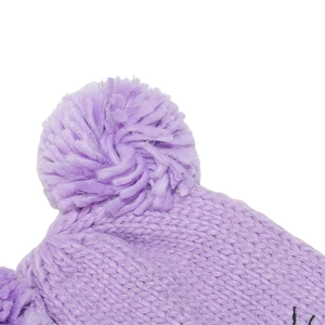 Detail of light purple knitted beanie featuring a plush pom-pom and thick soft texture