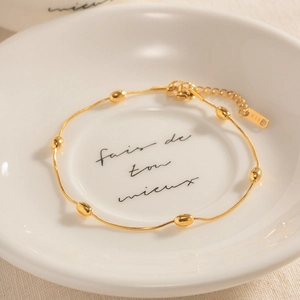 18K gold plated stainless steel snake chain anklet with polished oval beads for women