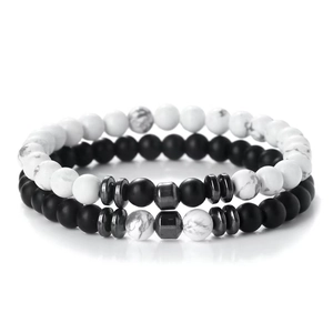 Set of two minimalist beaded bracelets with white turquoise, black agate and hematite beads