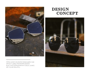Detailed views of oversized hexagonal metal sunglasses with black polarized lenses