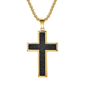 Large gold-plated stainless steel cross necklace for men with black frosted inlay